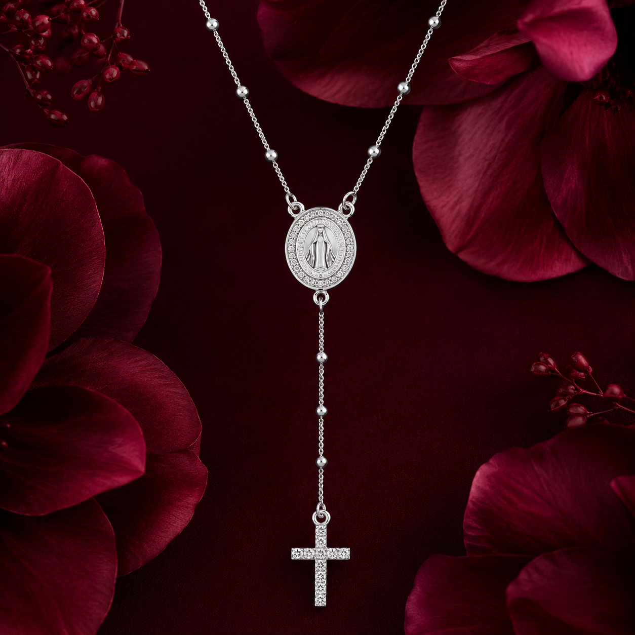 COLAR TERÇO NOSSA SENHORA DAS GRAÇAS COM CRUZ CRAVEJADA