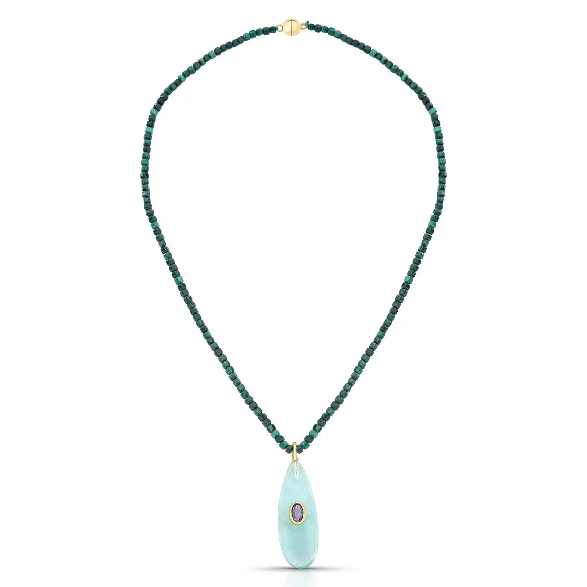 COLAR MALAQUITA NATURAL COM PINGENTE FLUORITA VERDE E ZIRCÔNIA TANZANITA