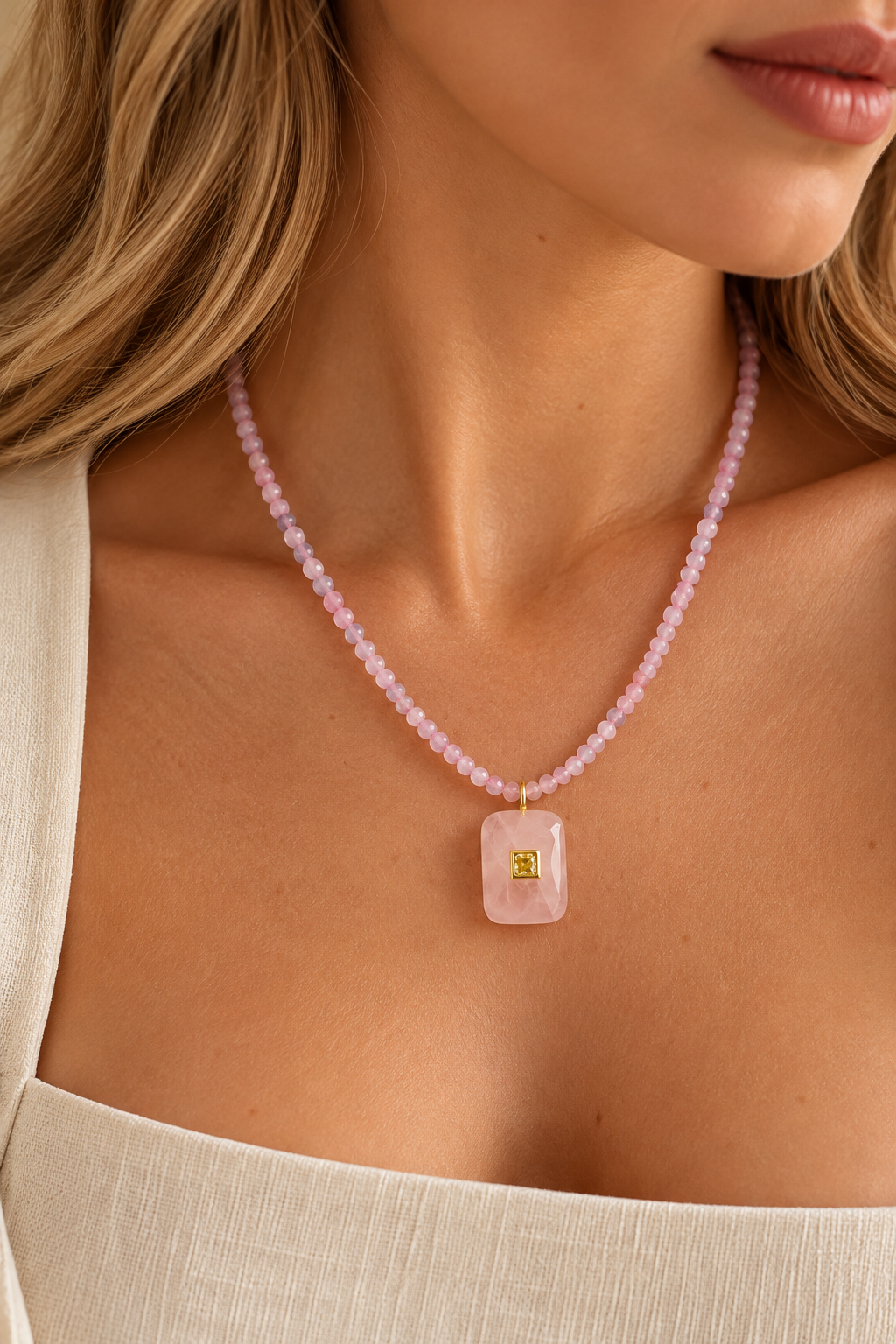 COLAR BERILO ROSA E QUARTZO ROSA COM ZIRCÔNIA LEMON