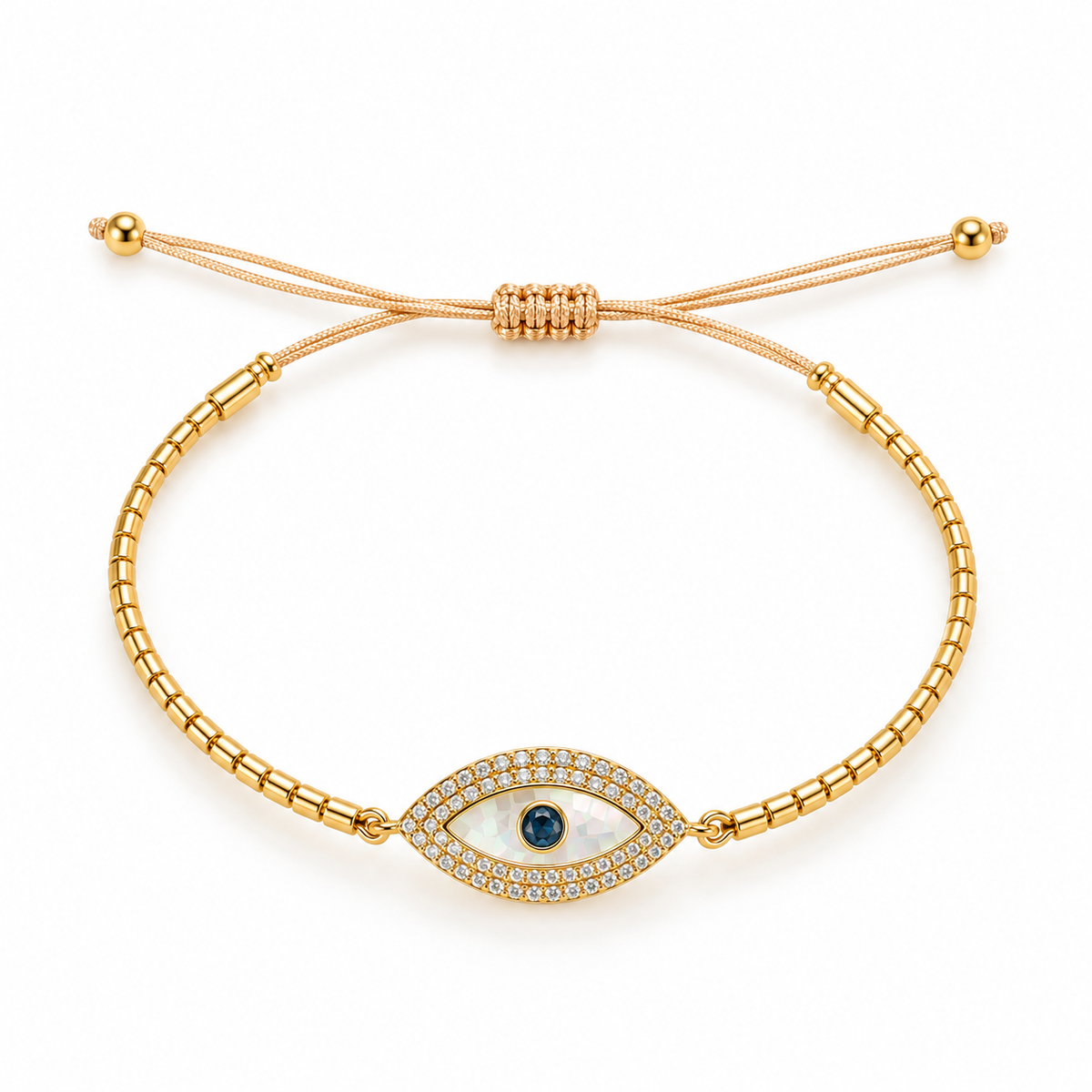 PULSEIRA AJUSTÁVEL OLHO GREGO CRAVEJADO EM MADREPÉROLA