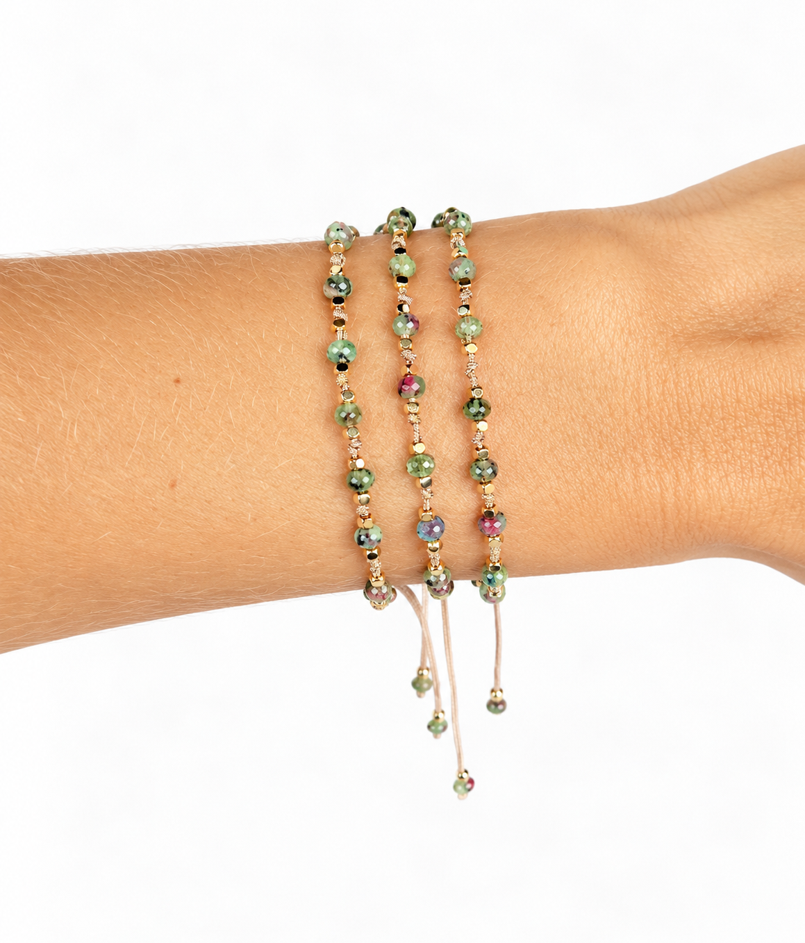 PULSEIRA AJUSTÁVEL HANDMADE PEDRAS JADE MELANCIA NATURAL
